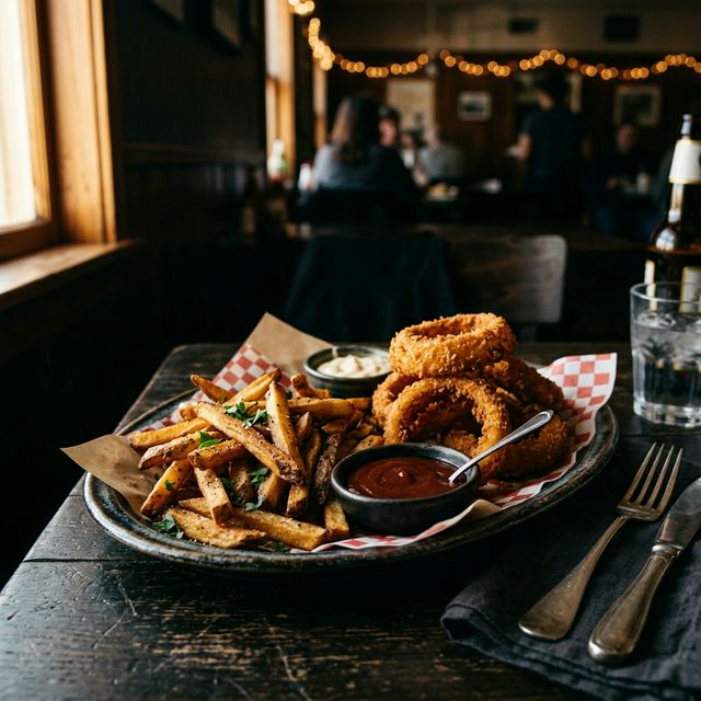 Crispy onion rings and fries at Cardinal Drive In